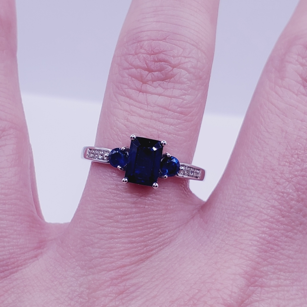 Emerald & Round Cut Ring Blue Spinel Ring 925 Sterling Silver Ring - Picture 3 of 8